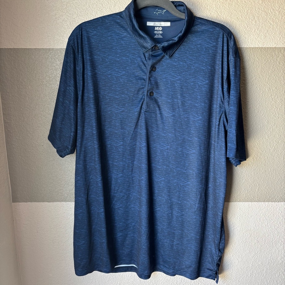 Greg Norman Men’s XL PlayDry ML75 Navy Blue Wave Printed Golf Polo Shirt Collar